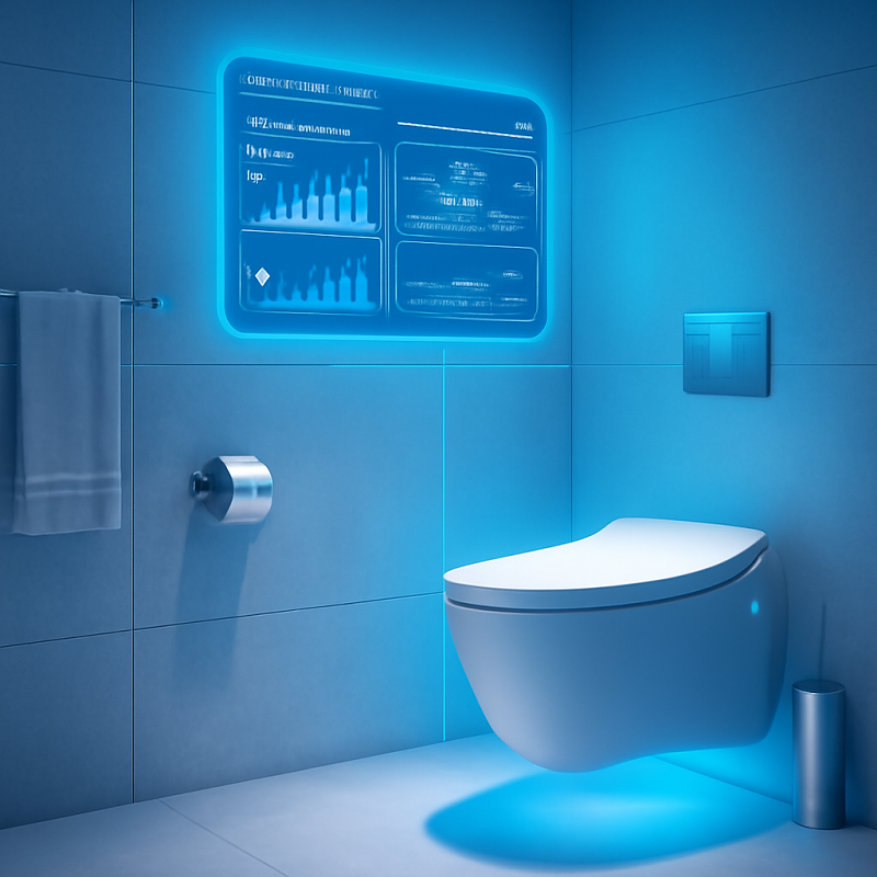 A smart wall-mounted toilet system integrating IoT technology displays real-time data monitoring